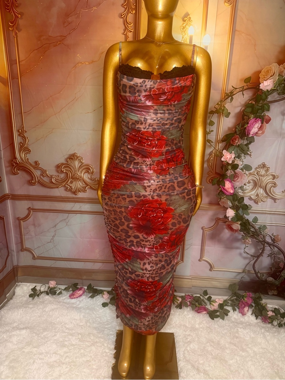 Floral Leopard Print Ruched Mesh Bodycon Maxi Dress โ Spaghetti Strap